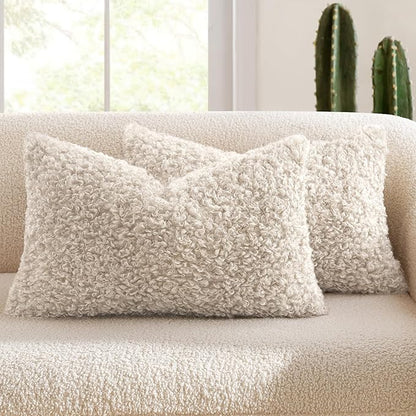 MIULEE Pack of 2 Lumbar Faux Fur Throw Pillow Covers 12x20 Inch Neutral Light Beige Boucle Decorative Sherpa Pillow Covers Fuzzy Accent Soft Sheepskin Fleece for Boho Home Decor Living Room Bed Chair