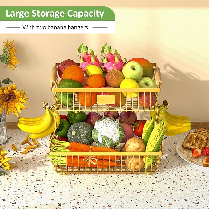 2 Tier Fruit Basket for Kitchen Counter with 2 Banana Hangers, Countertop Metal Fruit Bowl with Wooden Handle, Large Storage Stand for Vegetables, Snacks, Breads, Produce Storage – Gold