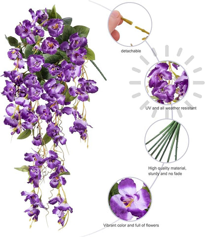 Fake Hibiscus Artificial Hanging Flowers Plants for Outdoors Spring Decoration, 4pcs Silk Hibiscus Vines Realistic UV Resistant Purple Faux Flowers for Outside Planter Porch Patio Yard Wedding Party