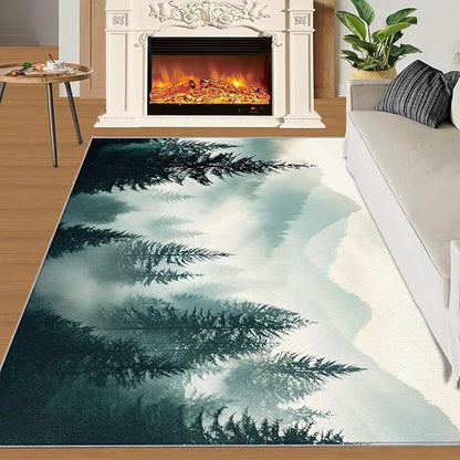 Misty Forest 2x3 Area Rug Natural Landscape Washable Rugs for Living Room Bedroom, Green Woods Soft Low Pile Non Slip Accent Floor Mat Print Throw Rug Indoor Carpet Dining Room Playroom