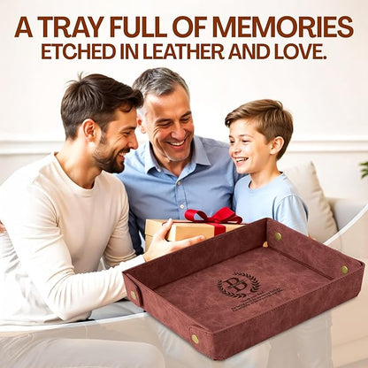 Engraved Leather Valet Tray for Men – Personalized Catchall with Custom Name for Desk, Dresser, Nightstand – Men's Organizer Tray for Keys, Wallet, Jewelry, Personalized Gift for Home, Office - Coffee