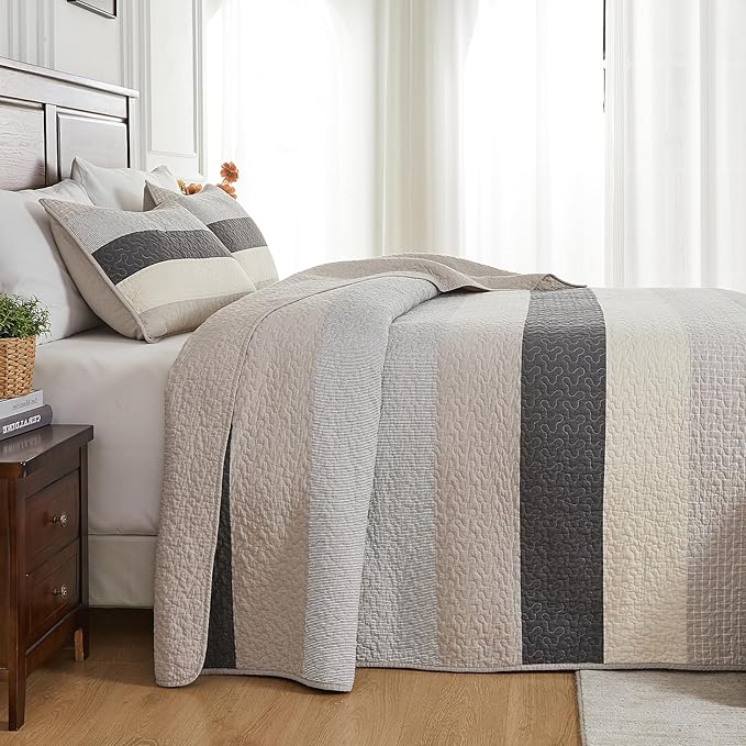 SahSahCasa 100% Cotton 120"x120" Oversized King Quilt Bedspread - California King Quilted Extra Large Comforter Lightweight Bedding Set, Cal King XL Striped Bed Spread, Light Taupe/Light Ivory/Gray