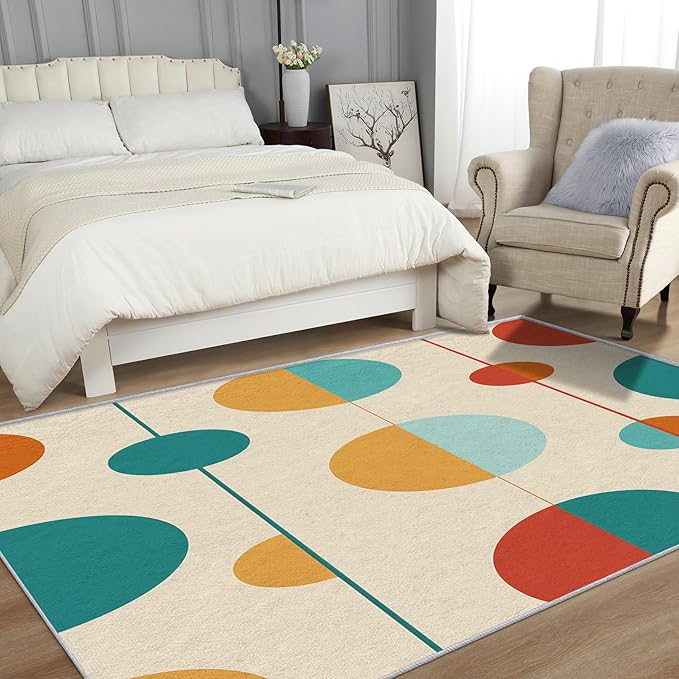 Contemporary Rugs for Living Room - Mid Century Modern Area Rug, 4x7 Rug, Colorful Circle Minimalist Rug & Home Decor, Retro Abstract Carpet & Room Decor, Washable Non Slip Anti Skid Rugs