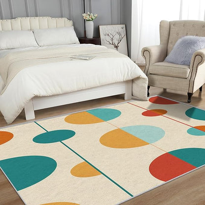 Contemporary Rugs for Living Room - Mid Century Modern Area Rug, 4x7 Rug, Colorful Circle Minimalist Rug & Home Decor, Retro Abstract Carpet & Room Decor, Washable Non Slip Anti Skid Rugs