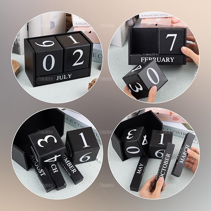 AUEAR, Wooden Block Perpetual Desk Calendar Desktop Cube Rustic Chic Number for Home Office Decoration Large (Black)