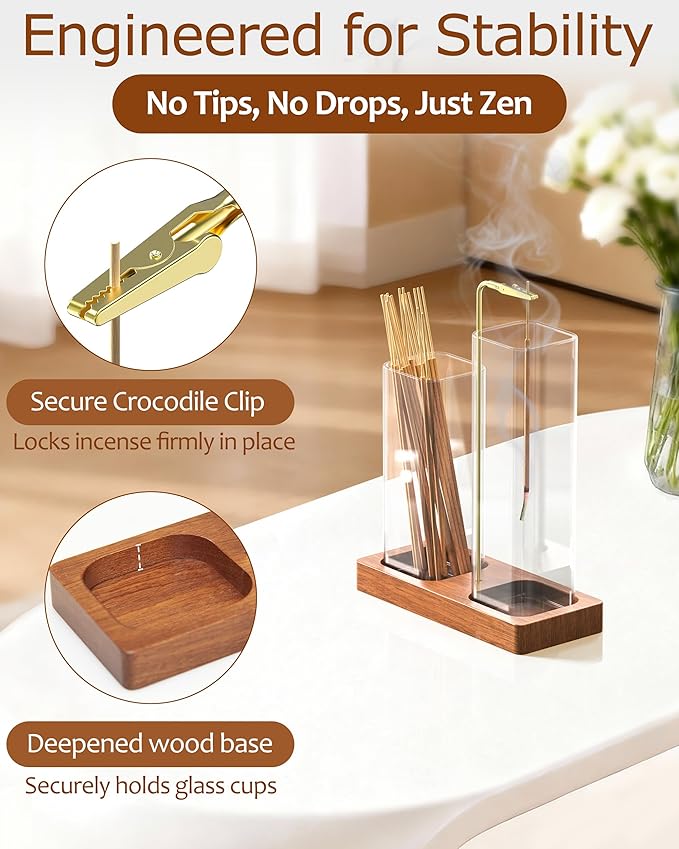 2 in 1 Incense Holder, Large Glass Incense Holder for Sticks, Upside Down Wooden Incense Burner with Ash Catcher & Incense Storage for Meditation Yoga Spa Home Decor, with 20 Incense Sticks & Brush