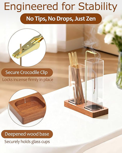 2 in 1 Incense Holder, Large Glass Incense Holder for Sticks, Upside Down Wooden Incense Burner with Ash Catcher & Incense Storage for Meditation Yoga Spa Home Decor, with 20 Incense Sticks & Brush