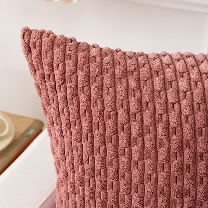 Kevin Textile Throw Pillow Covers Soft Corduroy Decorative Set of 2 Boho Striped Pillow Covers Pillowcases Valentines Day Farmhouse Home Decor for Couch Bed Sofa Living Room 18x18 Inch Blush Pink