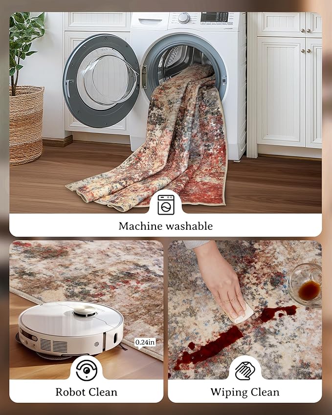 Washable Area Rug for Living Room: 9x12 Modern Abstract Neutral Soft Rug for Bedroom Dining Room No Slip Low Pile Carpet for Nursery Home Office - Red/Ivory