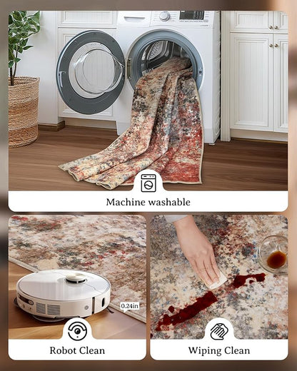 Washable Area Rug for Living Room: 9x12 Modern Abstract Neutral Soft Rug for Bedroom Dining Room No Slip Low Pile Carpet for Nursery Home Office - Red/Ivory