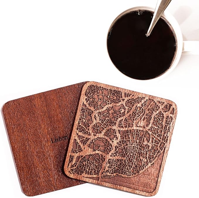 Lisbon Map Coaster by O3 Design Studio, Set Of 4, Sapele Wooden Coaster With City Map, Handmade