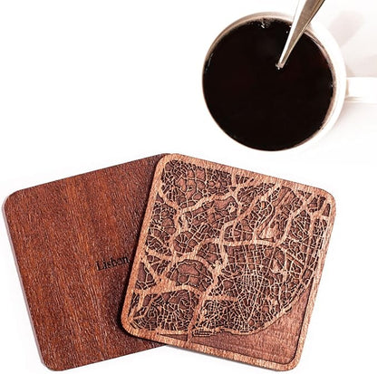 Lisbon Map Coaster by O3 Design Studio, Set Of 4, Sapele Wooden Coaster With City Map, Handmade
