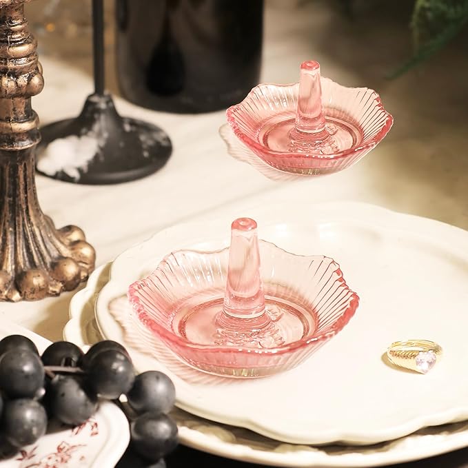 Jewelry Tray Set of 2 Crystal Trinket Dish Flower-shaped Ring Holder Elegant Tray Decor for Christmas, Birthday, Wedding, Engagement (3.5in)