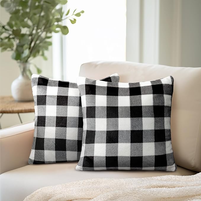 PAVILIA Checker Plaid Throw Pillow Covers 18x18 Set of 2, Decorative Pillow Cases Bed Sofa Couch, Boho Aesthetic Accent Decor Cushion Bedroom Living Room, Velvet Square Euro Sham Covers, Black White
