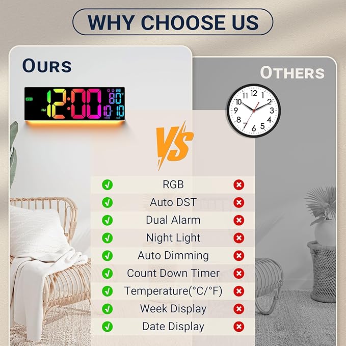 16.5" Large Digital Wall Clock: 11 RGB Colors Wall Mount Decor Clock for Living Room Bedroom Office Classroom, House Warming Gifts New Home Decor, for Men Women Khaki