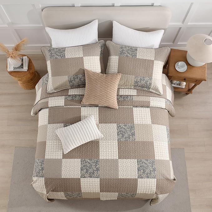 100% Cotton Quilt Set Queen Size - Plaid Quilted Comforter, Patchwork Botanical Queen Quilt Bedspread, Modern Farmhouse Lightweight Bedding for Queen Bed, 3pcs, Brown/Beige/Khaki