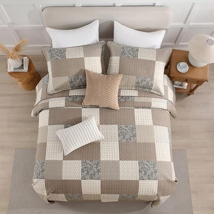 100% Cotton Quilt Set King Size - Plaid Quilted Comforter, Patchwork Botanical King Quilt Bedspread, Modern Farmhouse Lightweight Bedding for King Bed, 3pcs, Brown/Beige/Khaki