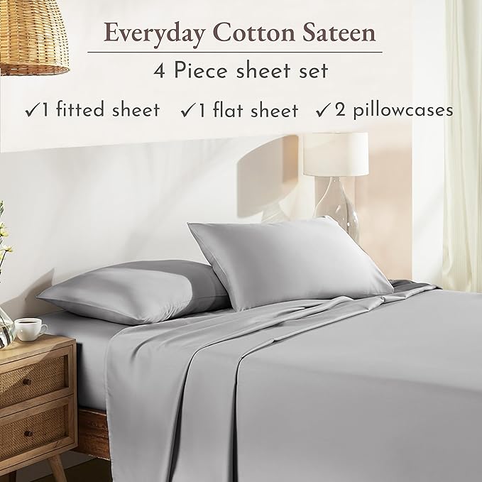 California Design Den Queen Sheet Set - Natural 100% Cotton Sheets Queen Size Bed Set with Deep Pockets, Soft Sateen Weave, Breathable and Durable Bedding (Light Grey)