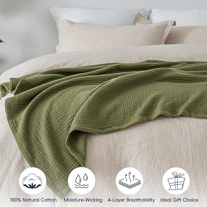 PHF 100% Cotton Muslin Throw Blanket 50" x 60", 4-Layer Lightweight Gauze Throw, Breathable Cloud-Soft Minimalist Blanket for Bed, Couch, Camping & Baby, Olive Green, Ideal Gift