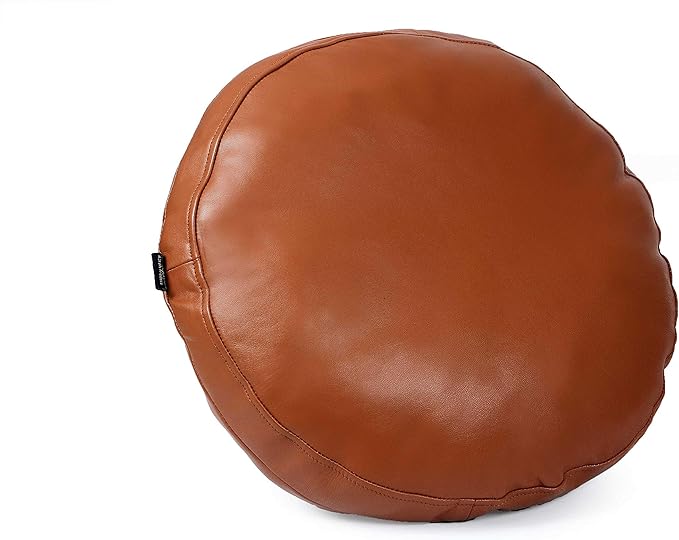 D DOLLY LAMB Lambskin Round Leather Pillow Cover - Sofa Cushion Case - Decorative Circular Cushion Throw Covers for Living Room & Bedroom - Tan Light Diameter 18 Inch