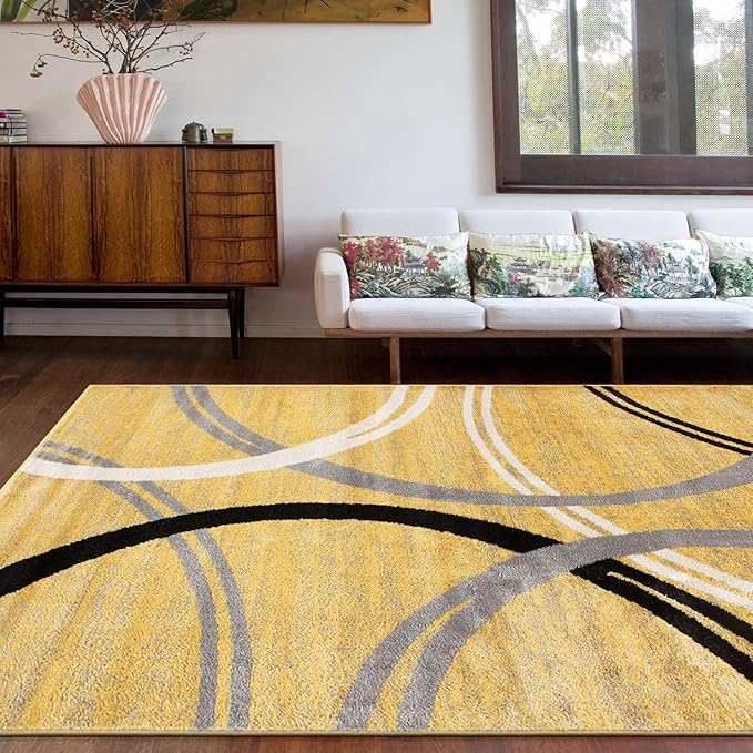 Rugshop Wavy Circles Design Area Rug, Fade-Resistant Carpet for Living Room, Dining Room, or Bedroom,Grand Room,Open Spaces Yellow, 10' x 14'