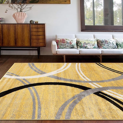 Rugshop Wavy Circles Design Area Rug, Non-Shedding Carpet for Living Room, Bedroom, or Office, Yellow, 6'6" x 9'
