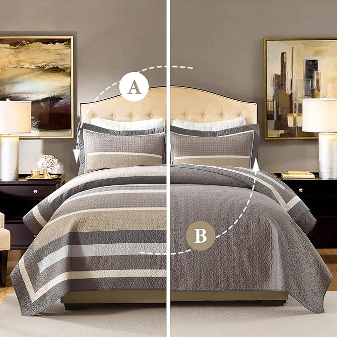 100% Cotton Quilts Queen Size, Queen Quilt Bedding Set Bedspread, Striped Quilt for Queen Bed, 3 Pieces Farmhouse Reversible Lightweight Comforter Bed Spread, Gray/Brown/Beige