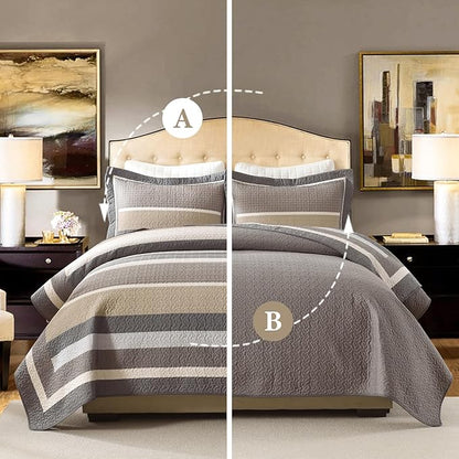 100% Cotton Quilts Queen Size, Queen Quilt Bedding Set Bedspread, Striped Quilt for Queen Bed, 3 Pieces Farmhouse Reversible Lightweight Comforter Bed Spread, Gray/Brown/Beige
