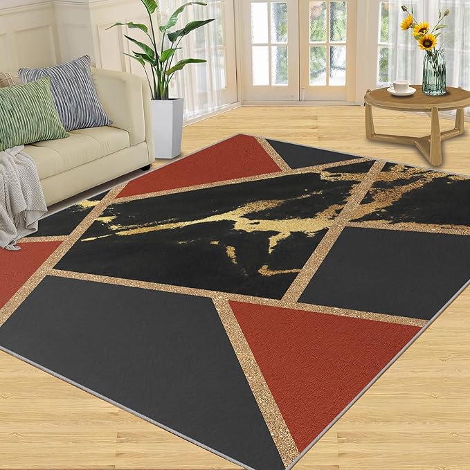 Black Gold Marble Area Rug Modern Abstract Marble Rug Polygonal Geometric Patchwork Carpet 3D Light Luxury Geometric Line Carpet for Living Room Playroom 3x5ft