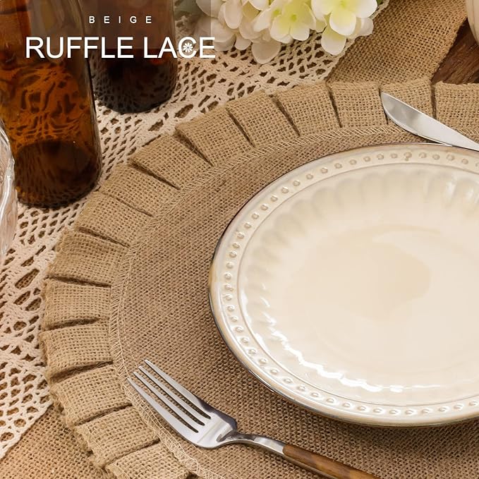 FunWheat Burlap Round Braided Placemats Set of 6 for Dining Tables 15 Inch Heat Resistant Jute Table Mats Farmhouse Woven Fabric Natural Place mats for Decoration(Ruffled Lace)