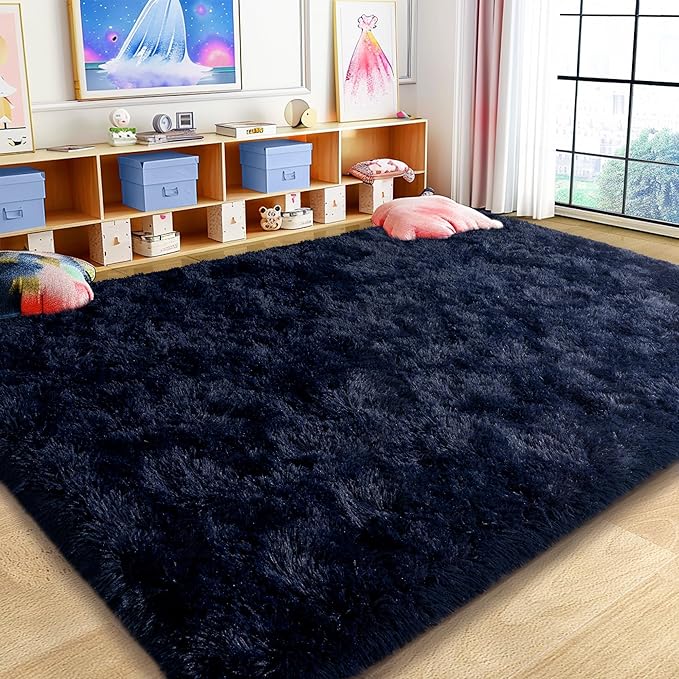 8x10 Large Area Rugs for Living Room, Ultra Fluffy Shag Rug for Bedroom, Modern Plush Soft Carpet for Girls Boys Kids Room Dorm Fuzzy Non Slip Rug for Home Decor Aesthetic, Dark Blue
