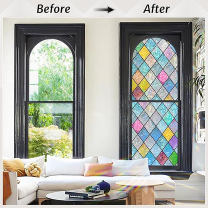 rabbitgoo Stained Glass Window Film Rainbow Film Decorative 3D Privacy Sticker Colorful Lattice Window Decals Cling, Sun Catcher Static Decals for Home 23.6"×118.1"