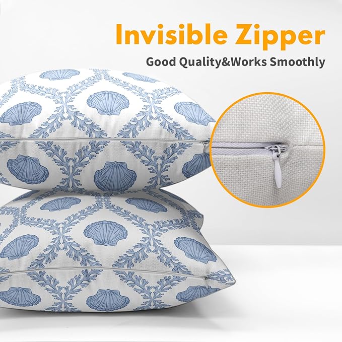 Light Blue Coastal Pillow Covers 24x24 Set of 2 Ocean Coral Shell Pattern Outdoor Decorative Linen Summer Throw Pillows Cases with Zipper Cushion Cover Rustic Decoration Farmhouse Sofa Couch Bed Decor