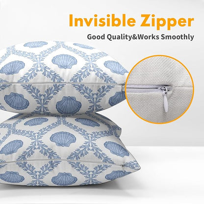 Light Blue Coastal Pillow Covers 24x24 Set of 2 Ocean Coral Shell Pattern Outdoor Decorative Linen Summer Throw Pillows Cases with Zipper Cushion Cover Rustic Decoration Farmhouse Sofa Couch Bed Decor