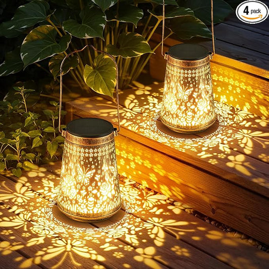 4 Pack Solar Lanterns Outdoor Waterproof Birthday Gifts for Women Mom Grandma, Hollowed-Out Metal Butterfly Hanging Solar Lantern Lights Outdoor Decor, 2 Modes Lights Decor for Yard, Patio