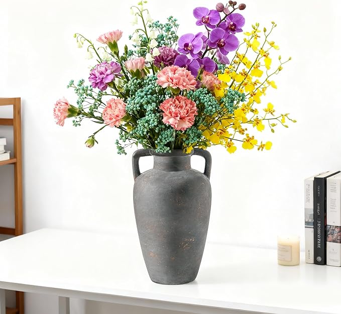 Ceramic Flower Vase with Handles, 11 inch Tall Vase for Centerpieces, Large Decorative Terracotta Vases, Farmhouse Rustic Vases for Home Decor, Living Room, Table, Neutral