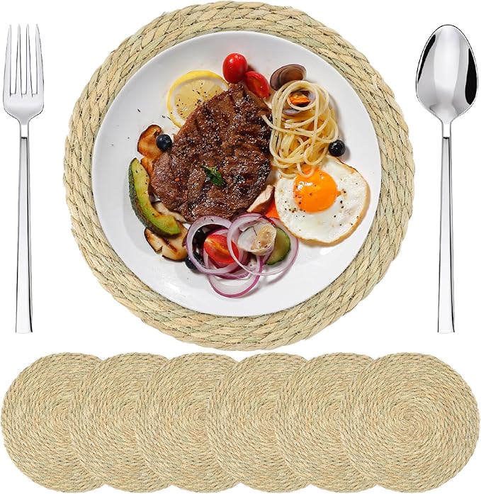 Jute Placemats Set of 6, Jaxbo Natural Boho Table Placemats, Non Slip & Heat Resistant, Individuales Redondos for Dining Table, Wedding, Farmhouse Decor, Christmas(13 inch)