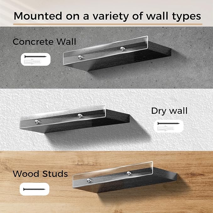 3 Pack Wooden Floating Shelves for Wall with Acrylic Front Lip, 15.7 IN Wall Mounted Rustic Style Shelves for Bathroom, Bedroom, Living Room, Kitchen, Hanging Shelves, Black