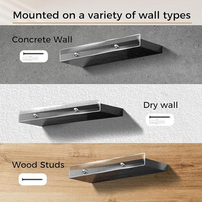 3 Pack Wooden Floating Shelves for Wall with Acrylic Front Lip, 15.7 IN Wall Mounted Rustic Style Shelves for Bathroom, Bedroom, Living Room, Kitchen, Hanging Shelves, Black