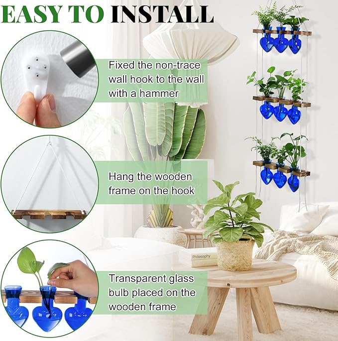 Leinuosen Wall Hanging Plant Propagation Stations 3 Tiered Planter Terrarium with Wooden Stand Home Decor Valentines Gifts for Her Hydroponics Plant Lovers - 9 Glass Vases(Heart Shaped,Blue)