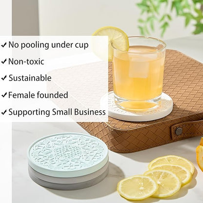Absorbent Stone Coasters Set of 4 – Edged, Grooved, Quick-Drying Natural Diatomaceous Earth - Decor Drink Coaster for Tabletop Protection - Thirsty Stone Round 4 Inches in 4 Colors – Gift