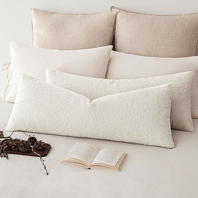Foindtower Decorative Textured Boucle Throw Pillow Covers Accent Solid Pillow Cases Neutral Long Body Lumbar Couch Cushion Case for Chair Sofa Bedroom Living Room Home Decor 14x36 Inch,1PC,White