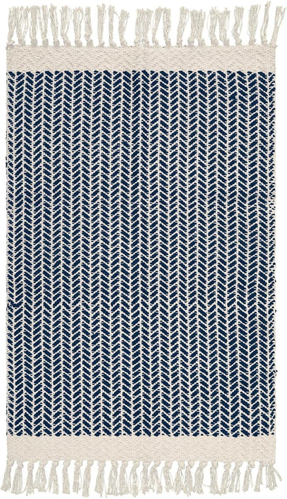 Lahome Boho Bathroom Rugs, Small 2x3 Front Door Mat Lightweight Entryway Rug Woven Cotton Area Rug with Tassels, Farmhouse Non Shedding Washable Blue Throw Rug Low Pile Carpet for Entry Laundry