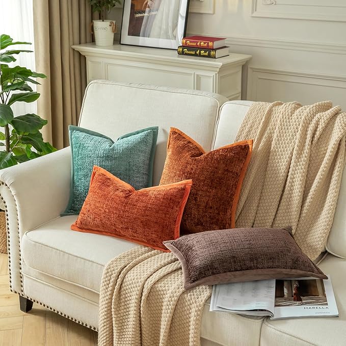 Yaertun Pack of 2 Chenille Textured Decorative Throw Pillow Covers Accent Solid Cushion Cover Soft Cozy Pillow Case with Velvet Back for Couch Sofa Bed Living Room 16x24 Inch Rust
