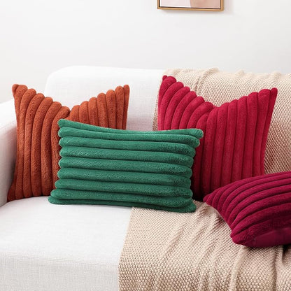 decorUhome Faux Fur Spring Throw Pillow Covers 16x16 Set of 2, Decorative Soft Plush Striped Neutral Couch Pillow Covers with Velvet Back for Sofa, Bed, Living Room Home, Red