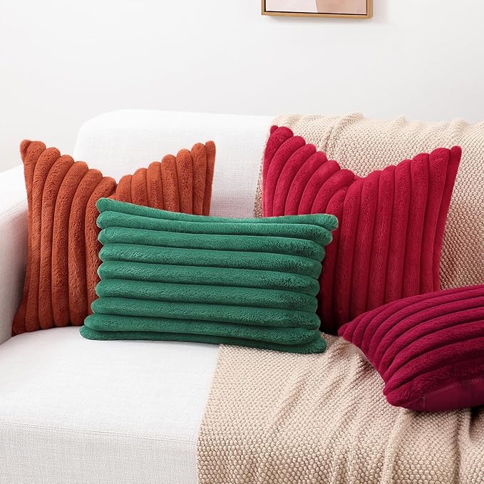 decorUhome Faux Fur Spring Throw Pillow Covers 20x20 Set of 2, Decorative Soft Plush Striped Neutral Couch Pillow Covers with Velvet Back for Sofa, Bed, Living Room Home, Burgundy