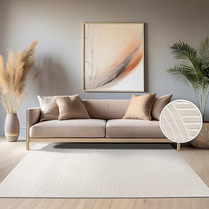 Paco Home Modern Area Rug with Raised Curved Line Pattern – Minimalist Design in Cream, Size: 2'8" x 8'2"