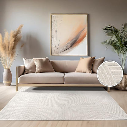 Paco Home Modern Area Rug with Raised Curved Line Pattern – Minimalist Design in Cream, Size: 2'8" x 8'2"