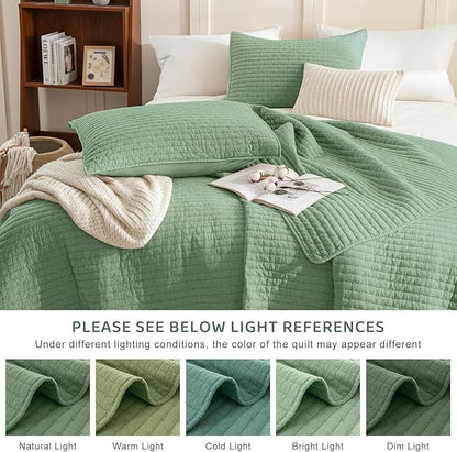 Sanracie Cotton Oversized King Bedspread(128"x120"), Green Ultra Soft Stonewashed Extra Large Wide Oversized Quilt Sets Cross Stitch Lightweight Crinkle Coverlet Set 3Pcs for All Season