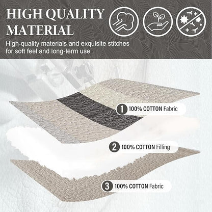 SahSahCasa 100% Cotton 120"x120" Oversized King Quilt Bedspread - California King Quilted Extra Large Comforter Lightweight Bedding Set, Cal King XL Striped Bed Spread, Light Taupe/Light Ivory/Gray